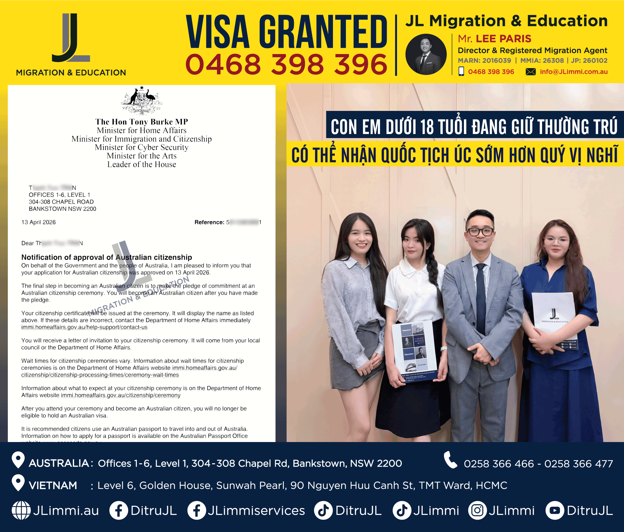 Con em dưới 18 tuổi đang giữ thường trú: Có thể nhận quốc tịch Úc sớm hơn quý vị nghĩ